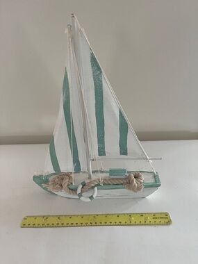 Vintage Coastal decor Sailboat with canvas sails approx. 15 in tall